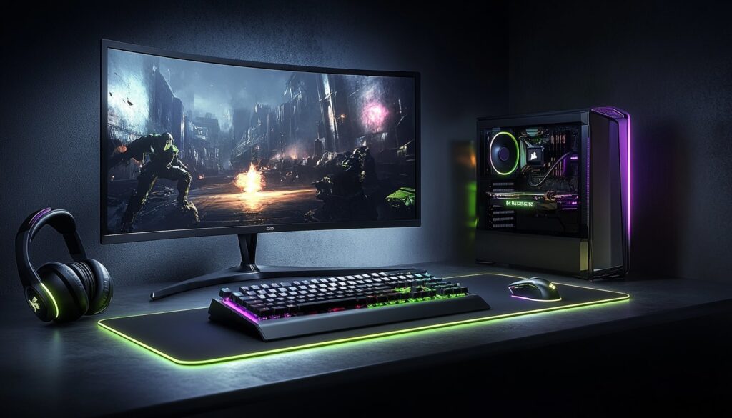 Modern gaming setup with a curved monitor displaying an action game, RGB mechanical keyboard, gaming mouse on an illuminated mousepad, wired gaming headset, and a high-performance PC tower with LED lighting