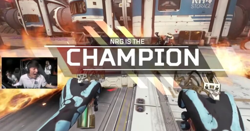 Victory screen in Apex Legends showing “NRG IS THE CHAMPION” with a player celebrating in an inset.