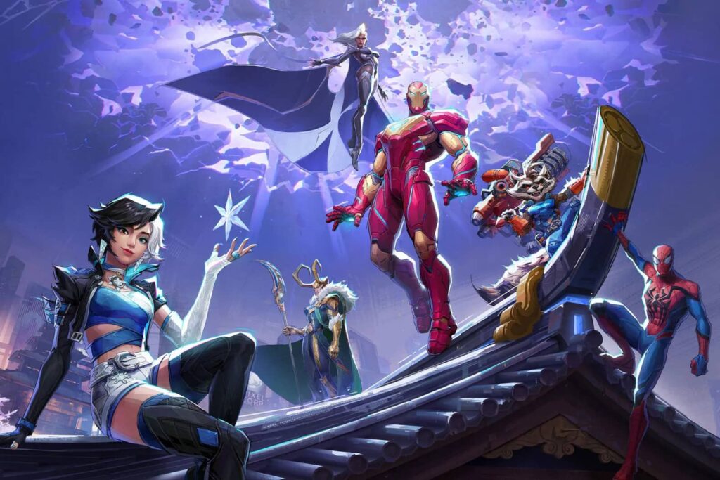 Stylized promo art of Marvel Rivals featuring heroes like Iron Man, Storm, Rocket Raccoon, Loki, Spider-Man, and a female ninja-like character posed on a rooftop under a cosmic sky.