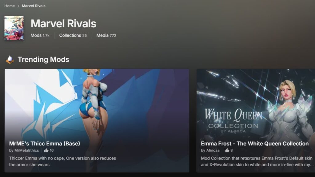 Screenshot of the Marvel Rivals mod page on Nexus Mods, featuring trending mods such as “MrME's Thicc Emma” and “Emma Frost – The White Queen Collection,” showcasing custom character designs and retextures.