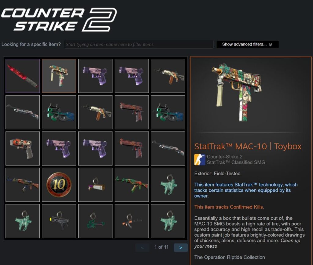 A display of various weapons from Counter-Strike 2, featuring the colorful StatTrak™ MAC-10 | Toybox on the right side.