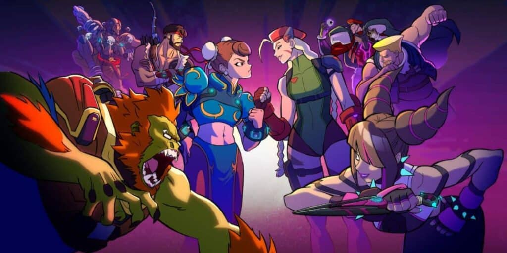 Overwatch 2 heroes in Street Fighter-inspired skins face off in animated style.