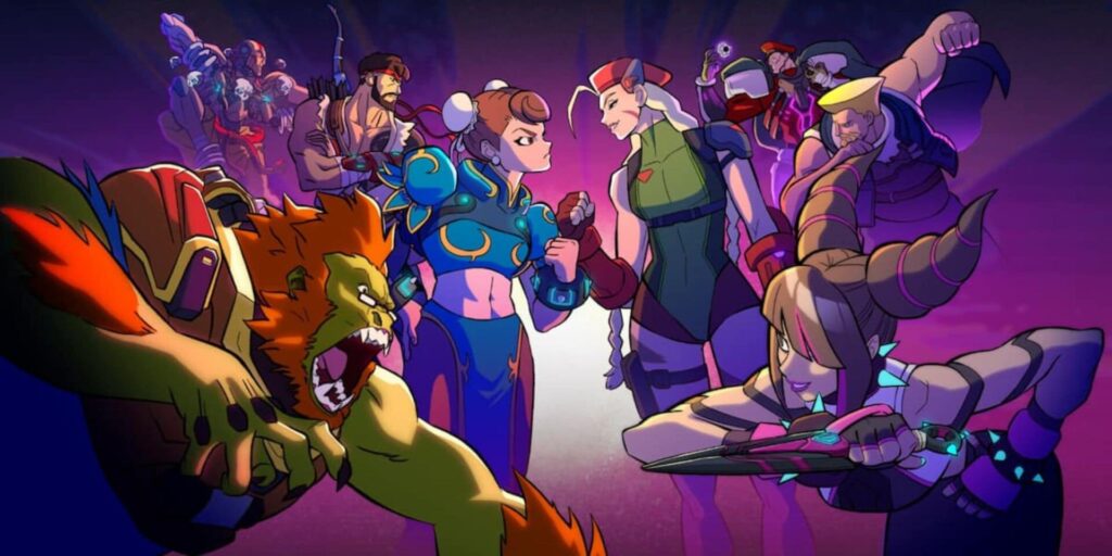 Overwatch 2 heroes in Street Fighter skins face off in a comic-style standoff