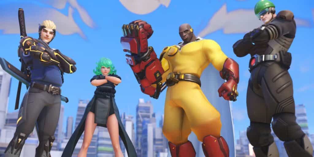 Overwatch 2 heroes in One-Punch Man-themed skins during the game’s first anime crossover event.