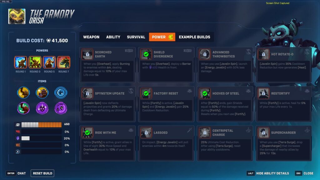 Orisa Tank build in Overwatch Stadium 2025 with selected powers and Fortify-based upgrades.