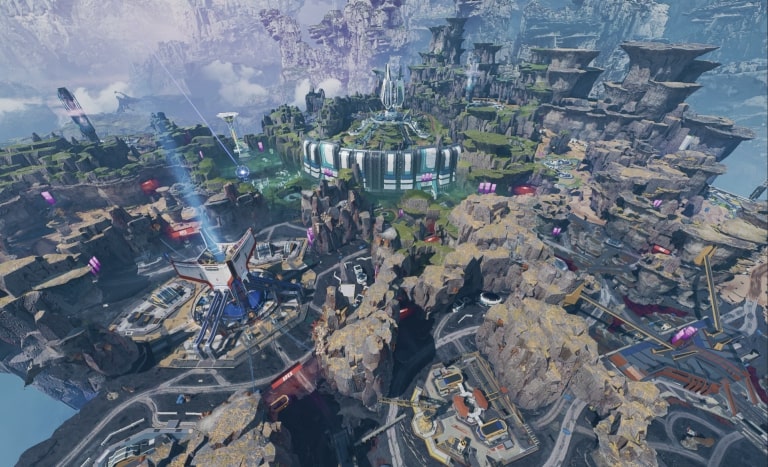 Aerial view of the Broken Moon map from Apex Legends, featuring futuristic buildings, rocky terrain, and sci-fi structures across a vast