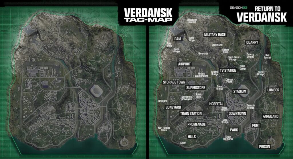 Map of Verdansk highlighting key locations including the airport, stadium, military base, and downtown, for the "Return to Verdansk" event.