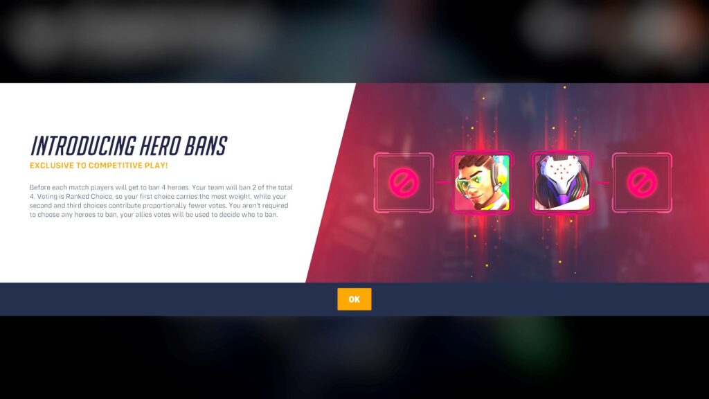 Overwatch 2 hero ban introduction screen showing Lucio and Orisa banned, with two empty ban slots. The text explains ranked choice voting in competitive play, with a bright pink and purple futuristic design.