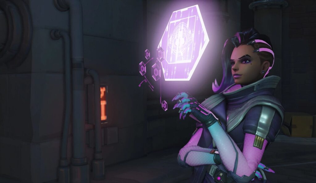 Sombra from Overwatch 2 standing in a dark industrial corridor, interacting with a glowing purple holographic interface, wearing her signature cyberpunk outfit with a confident expression.