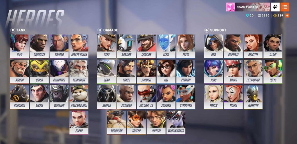 Character selection screen from Overwatch 2 showing all tank, damage, and support heroes.