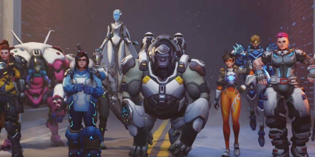 A diverse group of Overwatch characters stands confidently, showcasing vibrant costumes and unique designs in an urban setting.