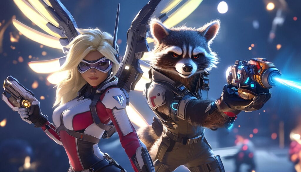Mercy from Overwatch 2 and Rocket Raccoon from Marvel Rivals in battle-ready poses.