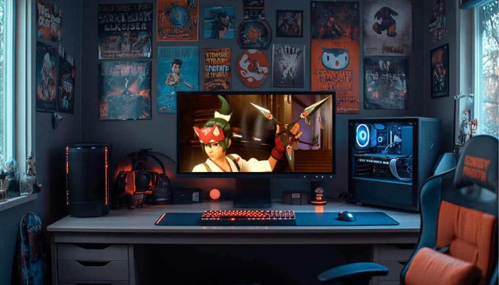 A stylish gaming setup featuring a large monitor displaying character from Overwatch surrounded by colorful posters and gaming gear.
