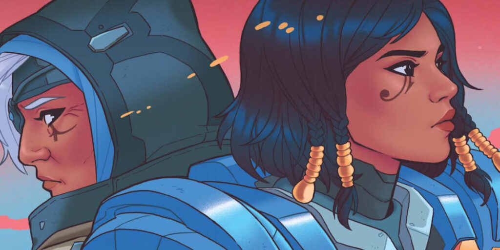Stylized illustration of Overwatch characters Ana and Pharah standing back to back, wearing blue armor