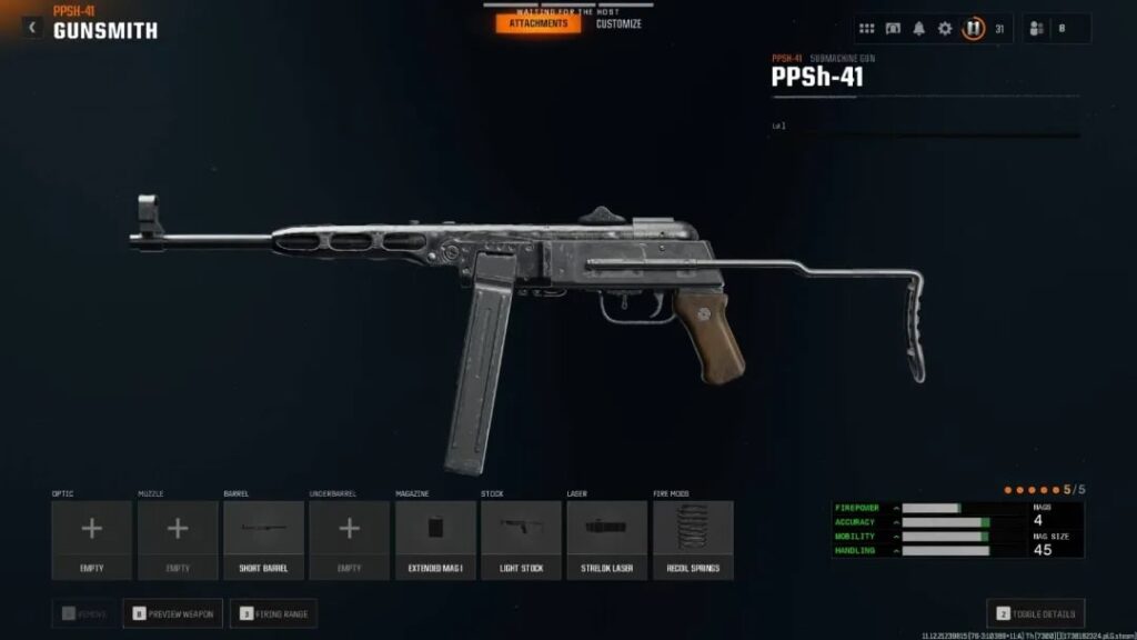 PPSh-41 SMG in Black Ops 6 Gunsmith screen, equipped with Short Barrel, Extended Mag I, Light Stock, Strelok Laser, and Recoil Springs, optimized for high fire rate and mobility.