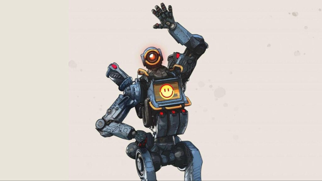 Pathfinder waving cheerfully with a smiley face on his chest screen, set against a light background.