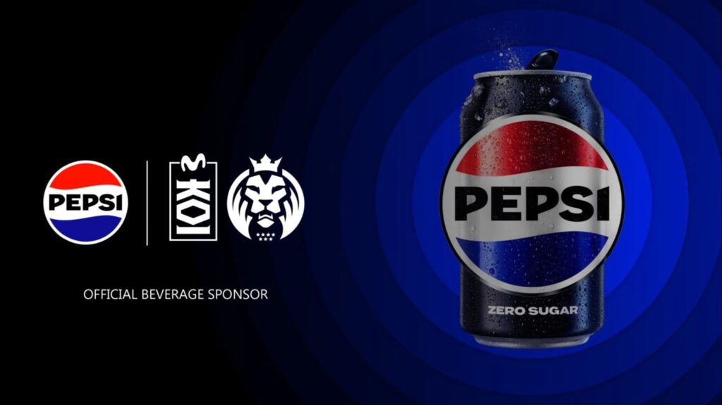 Pepsi Zero Sugar can displayed alongside logos of a MAD Lions KOI, promoting Pepsi as the official beverage sponsor.