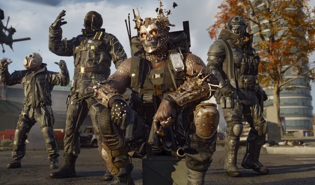 Five armored characters of Warzone pose in a deserted urban setting, showcasing various tactical gear and a distinctive character with a skull face.