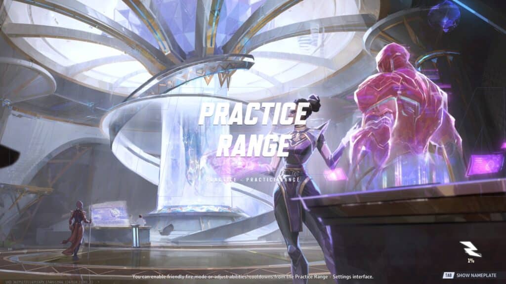 A futuristic training arena featuring a character interacting with a holographic figure, labeled "Practice Range". Bright, sleek design.