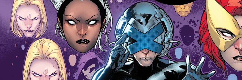 Comic-style image of Professor X wearing a futuristic Cerebro helmet with a large blue "X", surrounded by faces of other X-Men characters including Storm, Emma Frost, and Jean Grey.