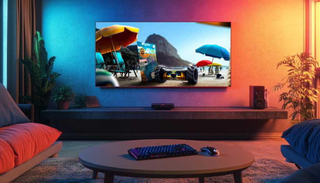 Colorfully lit gaming room with a large screen displaying Rainbow Six RE:L0AD beach-themed content, highlighting the vibrant and competitive atmosphere of the finals.