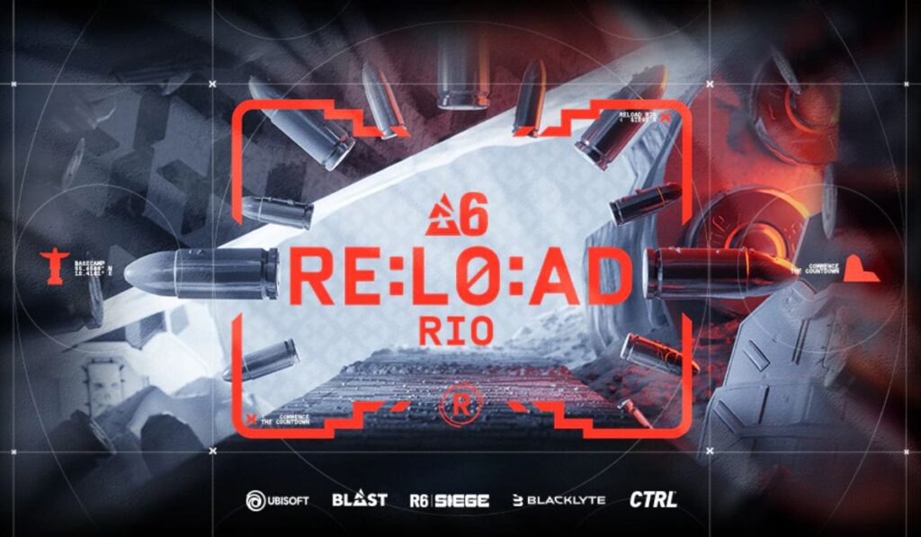 Promotional image for Rainbow Six RE:L0AD Rio featuring bullets flying around a red and white RE:L0AD logo. Logos of Ubisoft, BLAST, R6 Siege, Blacklyte, and CTRL appear at the bottom.