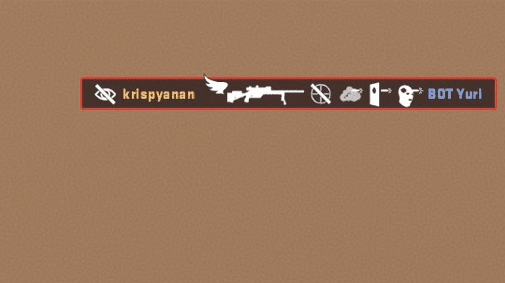 A detailed and funny CS2 killfeed showing "krispyanan" killing "BOT Yuri" with a sniper shot that was a no-scope, through smoke, a door, and a wall — one of the longest possible killfeed combos.