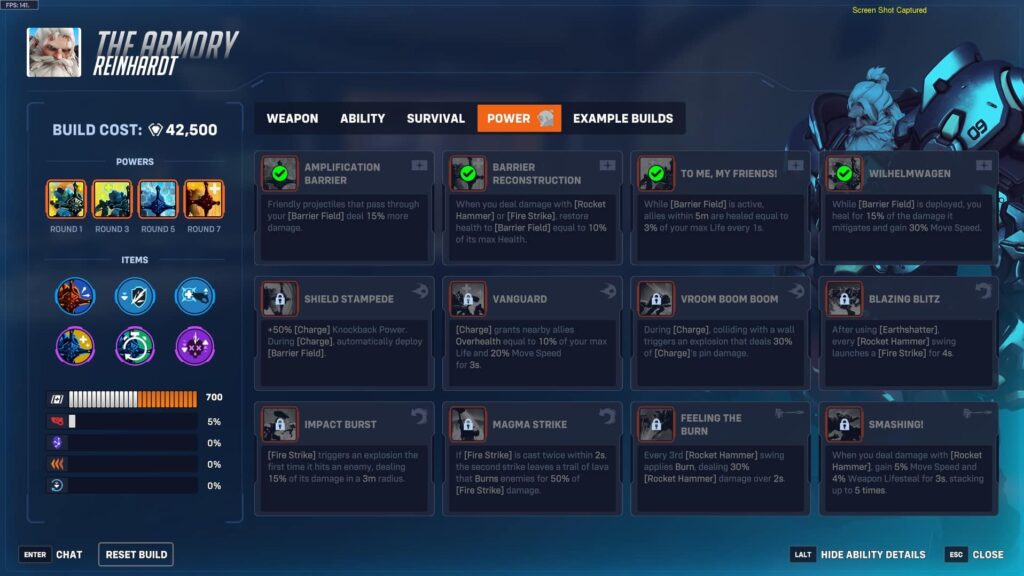 Reinhardt Tank build in Overwatch Stadium 2025 with barrier-focused powers and support upgrades.