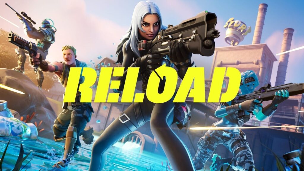 Fortnite-style characters in action poses with futuristic weapons, vibrant lighting, factory background