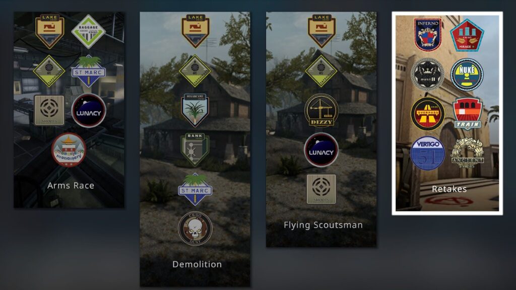 Screenshot showing game mode maps from Counter-Strike: Global Offensive, including Arms Race, Demolition, Flying Scoutsman, and Retakes, highlighting multiple map icons and logos — many of which have not yet been added to Counter-Strike 2.
