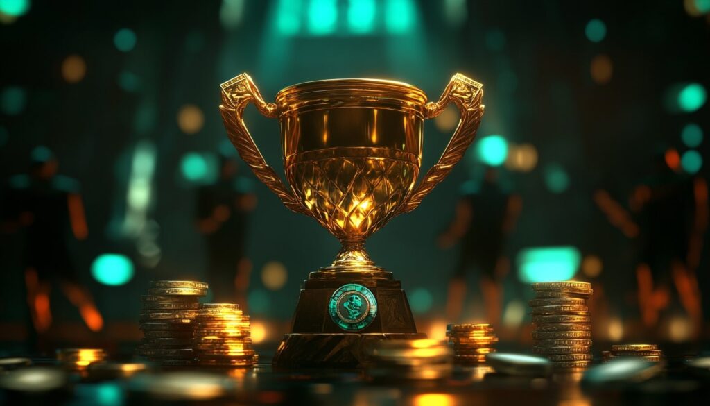 A golden trophy surrounded by stacks of coins, set against a blurred stage with silhouettes of esports players — a symbol of victory and prize winnings in competitive gaming.