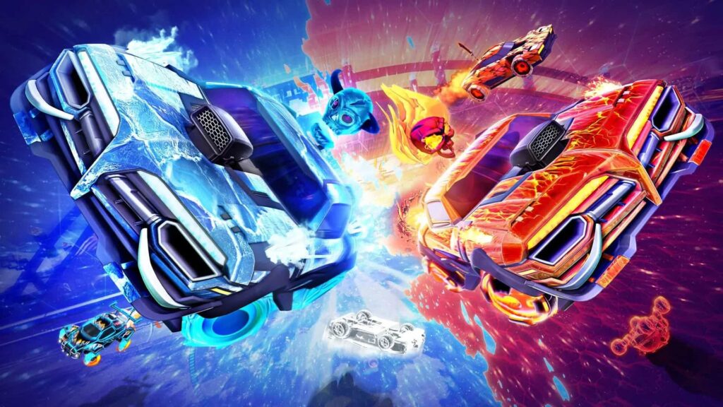 Two stylized cars, one ice-themed and the other fire-themed, collide in mid-air in a vibrant Rocket League arena