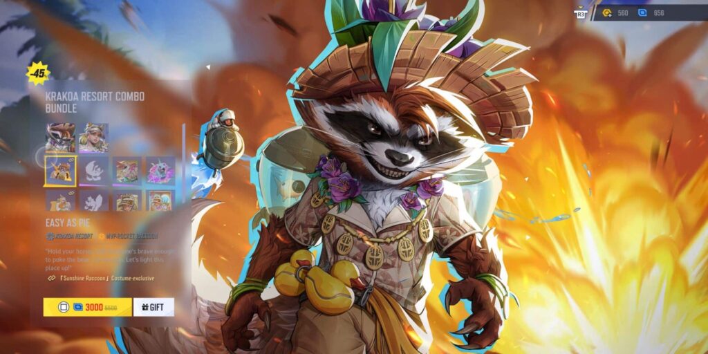 Rocket Raccoon in his Sunshine skin from the Krakoa Resort bundle in Marvel Rivals, with an explosion in the background and included cosmetics shown on the left.