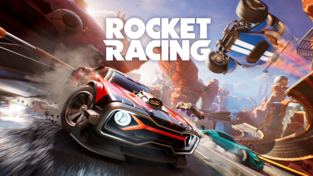 High-speed cars drifting and flying through a desert racetrack with jumps and loops, promoting Fortnite’s Rocket Racing mode.