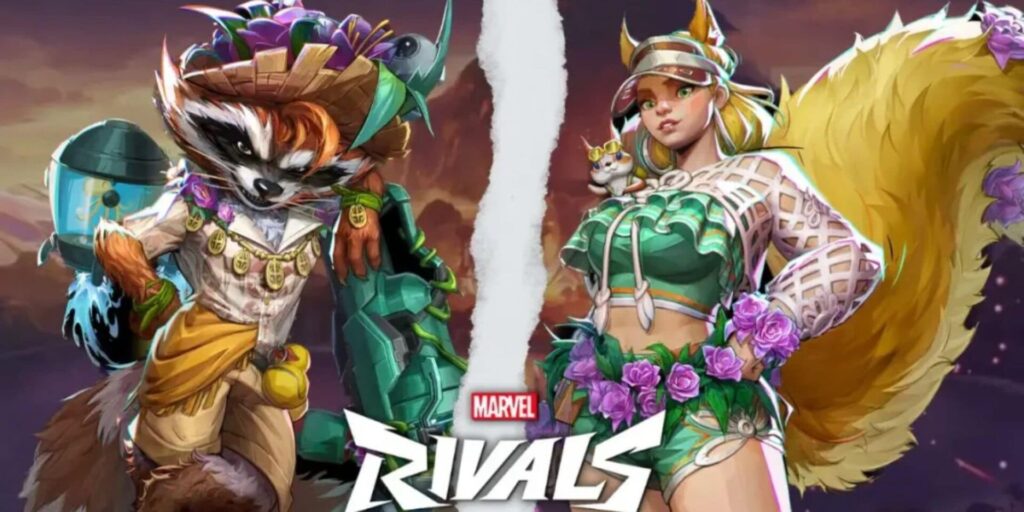 Rocket Raccoon and Squirrel Girl in their Sunshine skins from the Marvel Rivals Krakoa Resort bundle, standing side by side with tropical-themed outfits and floral details, Marvel Rivals logo in the center.