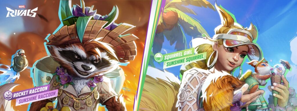 Rocket Raccoon and Squirrel Girl in their Krakoa Resort skins from Marvel Rivals, dressed in summer outfits with tropical accessories and bright beach-themed background.
