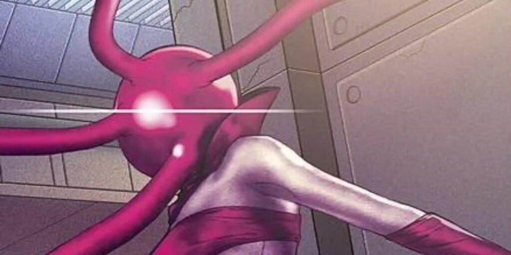 Ruby Thursday, a humanoid character with a glowing red spherical head and tentacle-like extensions, stands in a futuristic room wearing a red outfit, with dramatic lighting highlighting her eerie appearance.