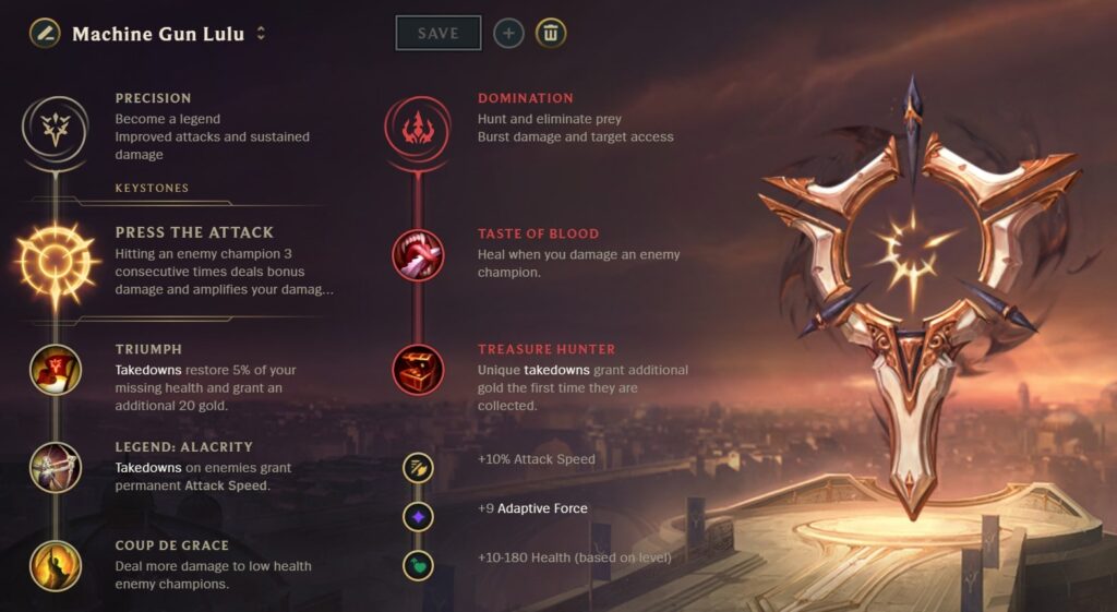 Rune page for "Machine Gun Lulu" with Precision as the primary path and Domination as secondary.