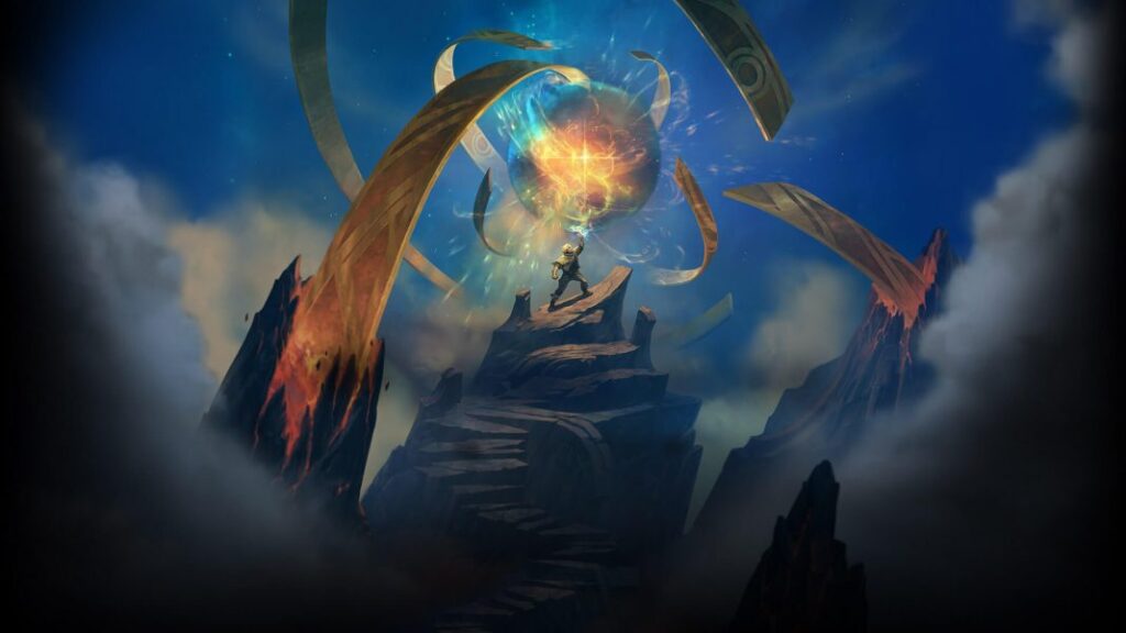 A champion stands atop a mountain peak, reaching toward a glowing, magical sphere surrounded by floating rune fragments — symbolizing the power of runes in League of Legends.