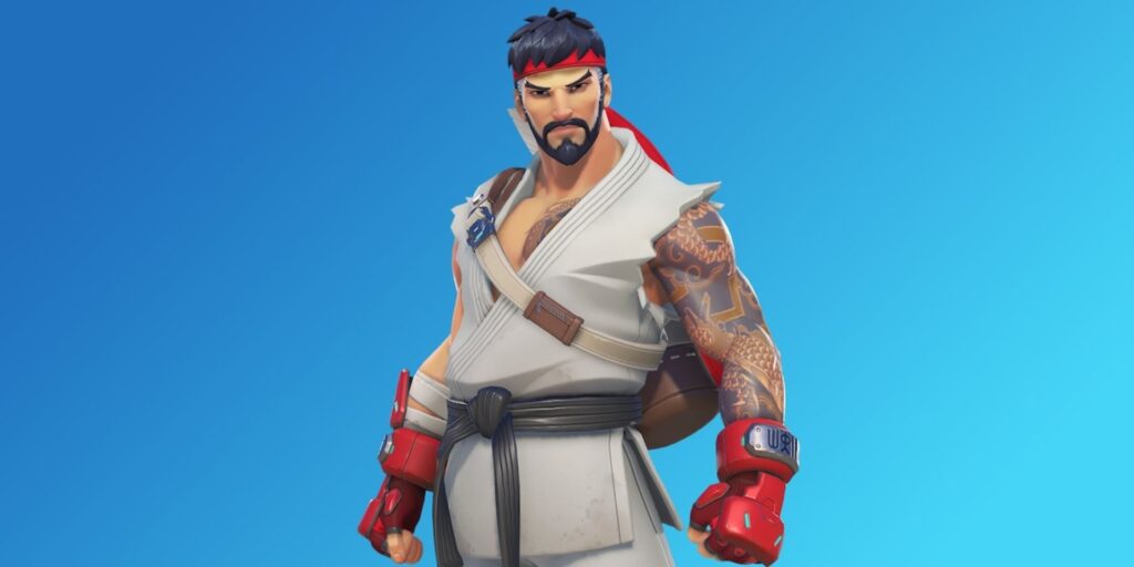 Hanzo wearing a Ryu-inspired Street Fighter skin in Overwatch 2.