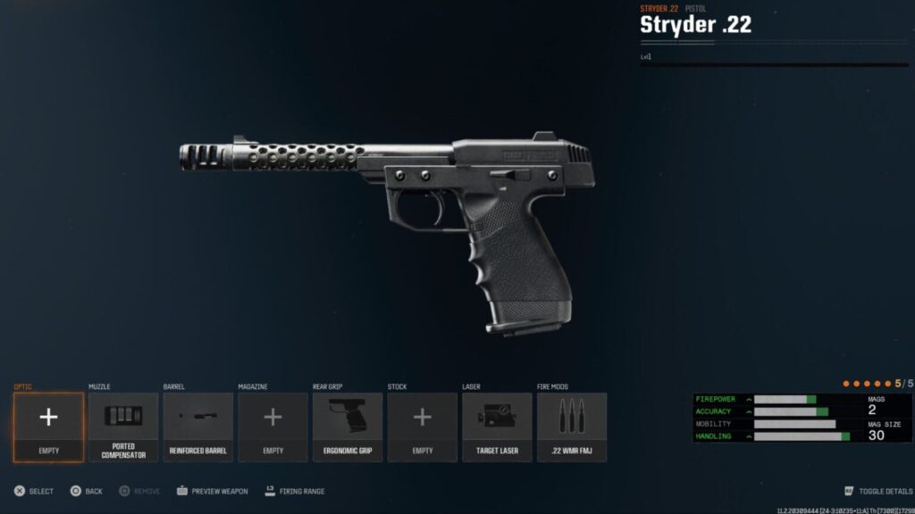 Stryder .22 pistol in Black Ops 6 Gunsmith menu, equipped with Ported Compensator, Reinforced Barrel, Ergonomic Grip, Target Laser, and .22 WMR FMJ rounds, highlighting high handling and mobility.