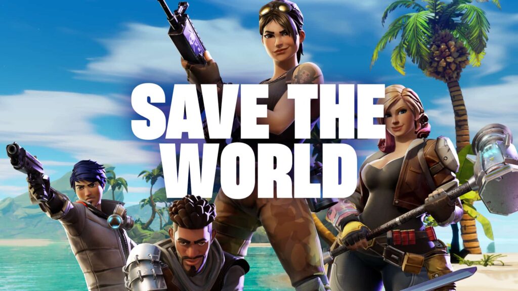 Fortnite characters pose with weapons on a tropical island under the “SAVE THE WORLD” title, representing the game's original PvE mode.