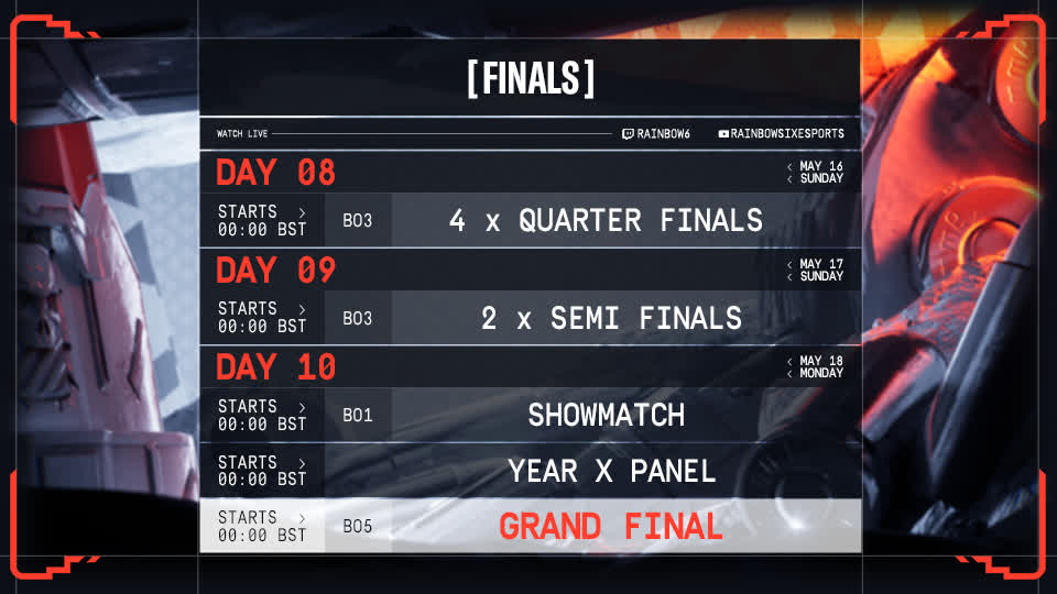 Rainbow Six RE:L0AD Finals schedule: May 16 – quarter-finals, May 17 – semi-finals, May 18 – showmatch, panel, and Grand Final. All start at 00:00 BST.
