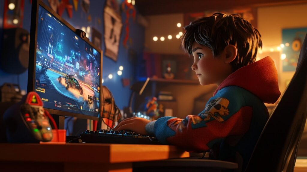 A young boy playing Rocket League on a computer in a cozy, child-friendly bedroom, illustrating the growing interest of kids in esports and the importance of age-appropriate gaming environments.