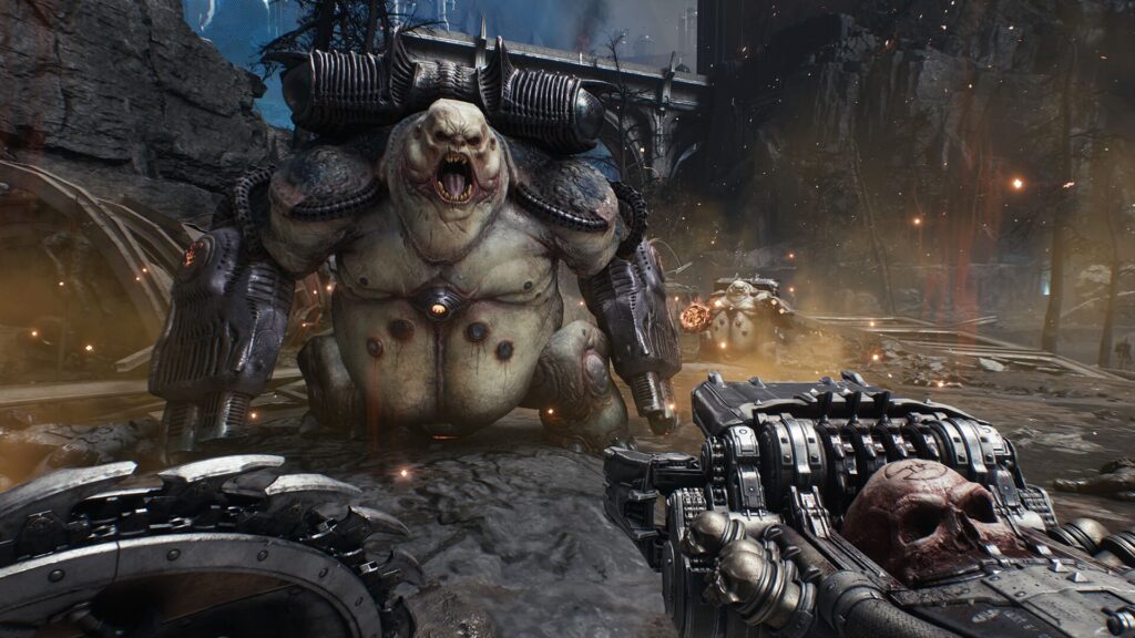 A menacing, mutated creature from Doom with cybernetic enhancements looms in a desolate landscape, while a heavily armed figure aims a futuristic weapon.