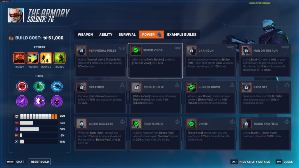 In-game screenshot of the Overwatch Stadium Armory screen showing Soldier: 76’s build setup, with selected powers like Super Visor, Hunker Down, On Me!, and Frontliners, and a build cost of 51,000.