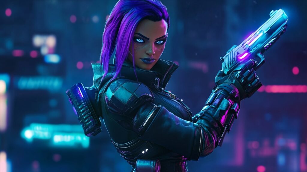 Stylized image of Sombra from Overwatch 2 aiming her weapon, reflecting the debate around her controversial design and calls for another rework.