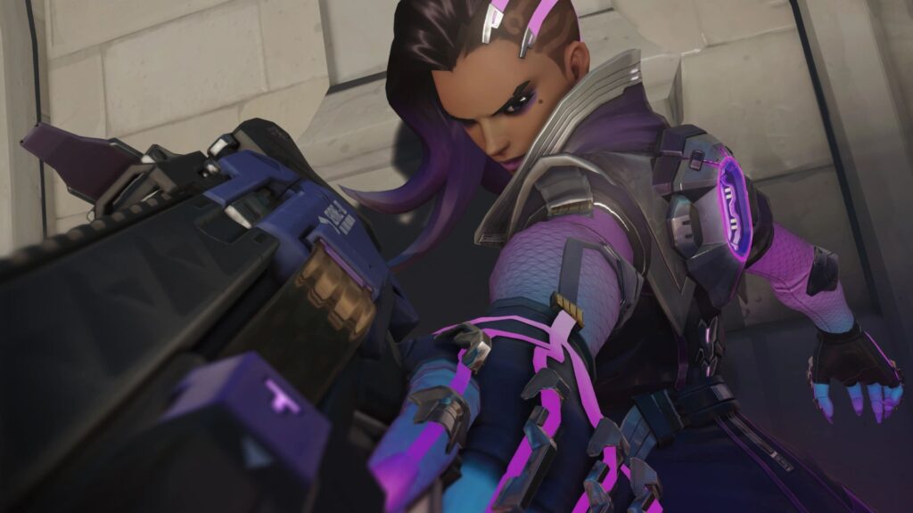 Sombra aiming her weapon in a dynamic action pose from Overwatch.