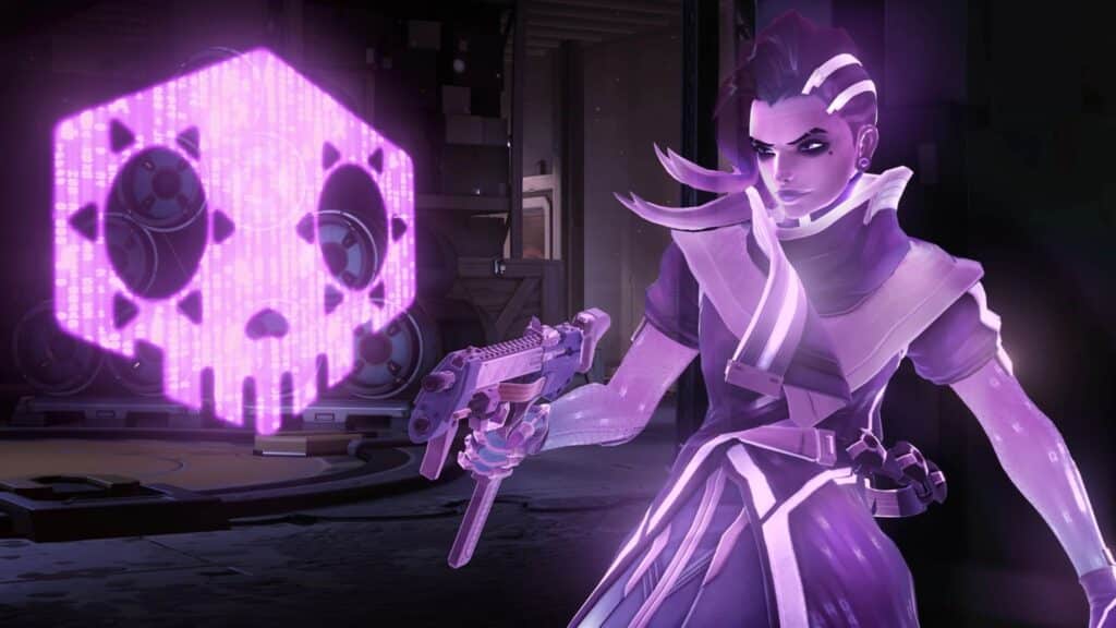 Sombra from Overwatch using her hacking ability, with a large purple skull hologram glowing in front of her.