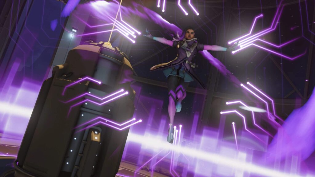 Sombra activating her EMP ultimate ability in Overwatch, surrounded by glowing purple circuitry effects.